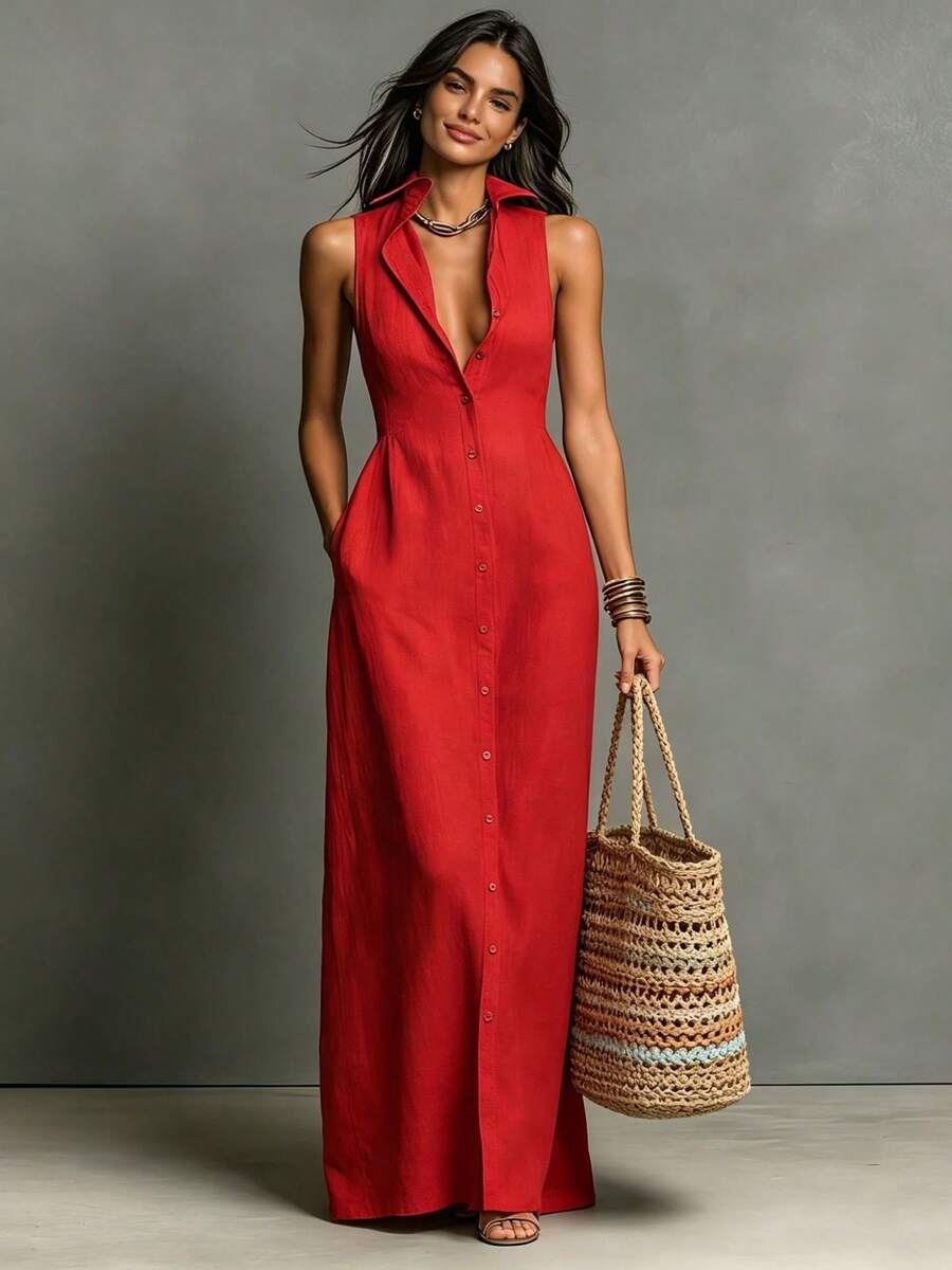 2026 Summer Women's Linen Solid Color Lapel Sleeveless Casual Long Dress - Đỏ - Xem 1