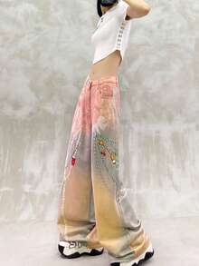 Pantalones vaqueros de tiro alto para mujer, lavado degradado rosa amarillo con aplique de perlas y flores, corte amplio palazzo, estilo informal y trendy para uso diario y vacaciones de verano. - Multicolor - Ver 5