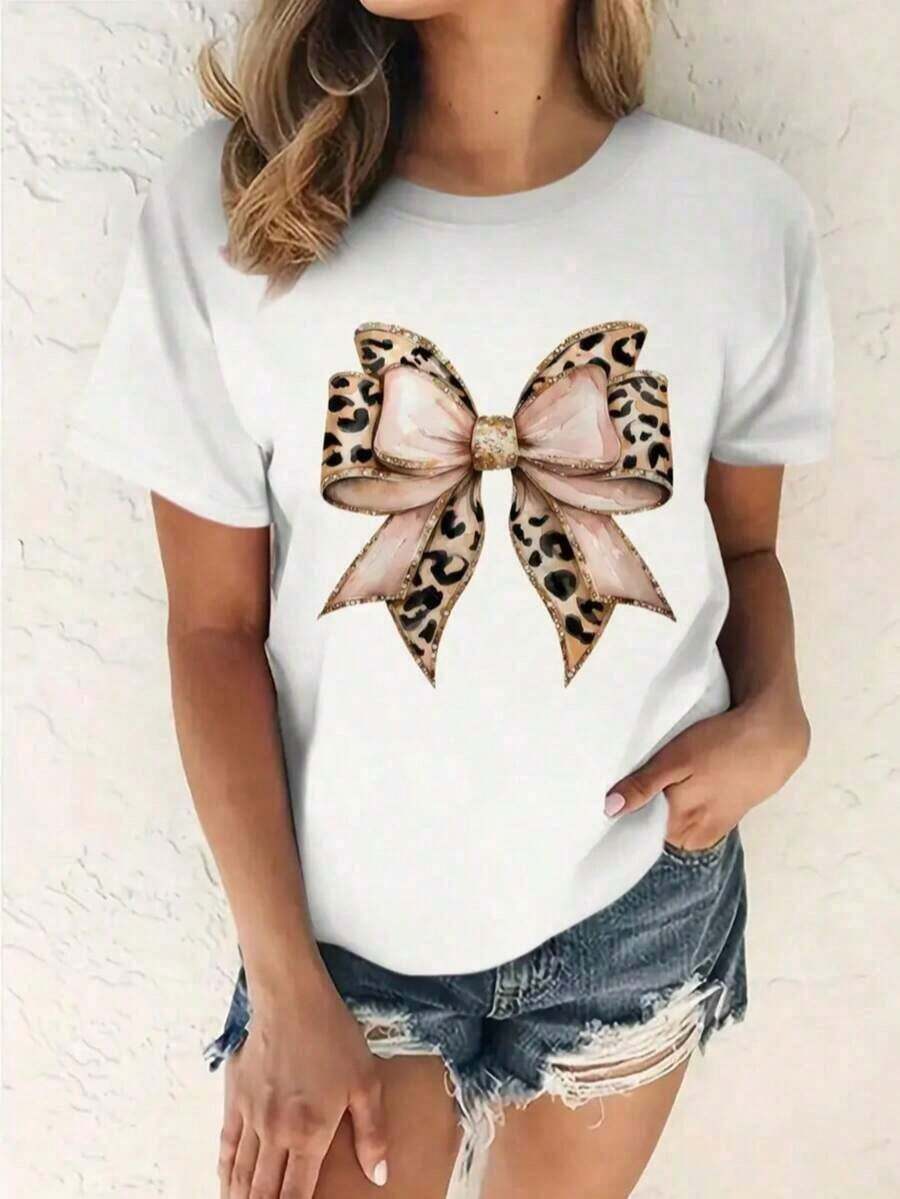 Camisetas De Calor Para Mujer1 Pcs1 Estampado De Leopardo Casual Dulce Sexy Elegante Ninguno Lazo Noche De Fiesta Vacaciones Deportivo Oficina Casa Verano Mariposa180G 100% Cotton Soft - Blanco - Ver 1