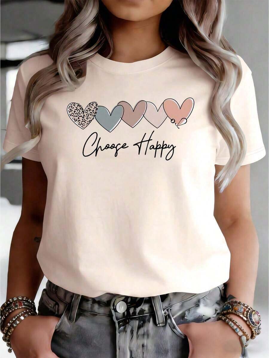 1 camiseta 100% algodón con cinco diseños diferentes en forma de corazón dispuestos en un diseño estampado.Ropa casual de verano para mujer, de manga corta y cuello redondo, estilo versátil.Tela cómoda.Camiseta de algodón transpirable, combina con todo. 100% algodón. - Albaricoque - Ver 1