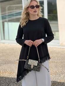 Elegant Women's Summer Clothing Vintage Lace Patchwork Top Women's Vacation Wear Asymmetric Hem Pullover Women's Casual Top Commute Street Black - Black - View 7