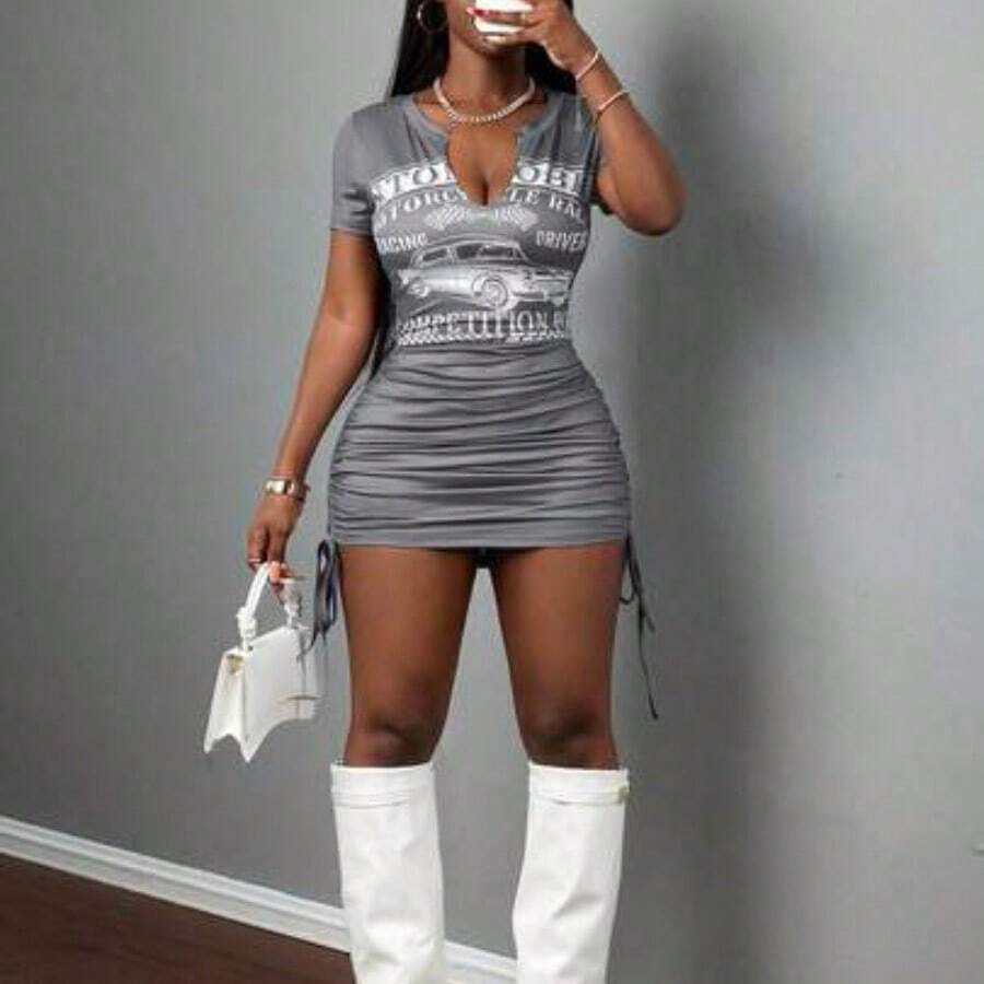Slayr Casual Basic Sports Sexy Street Racer Graphic V-Neck Drawstring Bodycon Mini Dress - Gris - Ver 1