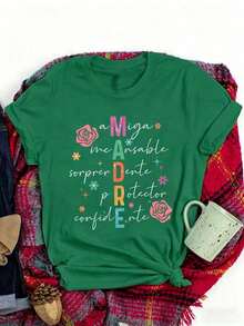 Camiseta estampada con diseño de mamá española para mujeres - diseño de flores y estrellas multicolores, blusas para mujer, camisa casual de cuello redondo suave y elástica, tops de mujer, playera de mujer, ideal para primavera y verano, lavable en máquina. ,100% Algodón Día de las Madres para MamáPure-Cotton - Verde - Ver 8