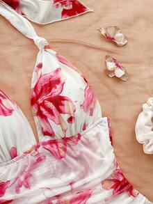 Vestido romántico para vacaciones con estampado floral, cuello halter en V, cuello con lazo, malla fruncida, para uso en la play - Blanco - Ver 5