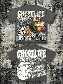 Men's Y2K Tee -American Street & "GHOSTLIFE" Hip-Hop Figureg Raphic T Shirt, Loose Retro Fit,Suitable For Young Men And Women To Wear For Casual,2026 Mens Clothes,Men Shirts,Camisas Para Hombre,Graphic Tees Men,Mens Clothes - Grey - View 1