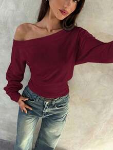 Top de manga larga asimétrico de hombro de punto de color albaricoque para mujer, otoño/invierno - Rojo violeta - Ver 6