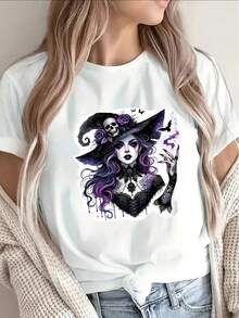 This Women's T-Shirt Is Made Of Pure Cotton, Is Lightweight And Durable, And Features A Short-Sleeved Black Design With A Gothic Witch Print. It's Perfect For Casual Wear At Home Or For Going Out To Restaurants. The Purple And White Print Makes It Ideal For Halloween Or Everyday Style. Women's T-Shirts. - 白色 - 查看 7