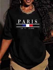 Women's "PARIS JE T'AIME" Short-Sleeved T-Shirt With Flag Print, Round Neck, Machine Washable, Comfortable, Soft, Breathable, Suitable For Spring, Summer, And Autumn. Loose, Casual, Fashionable, Ideal For Everyday Wear And Work, Simple And Versatile, Sizes S-XXL. - 黑色 - 查看 1