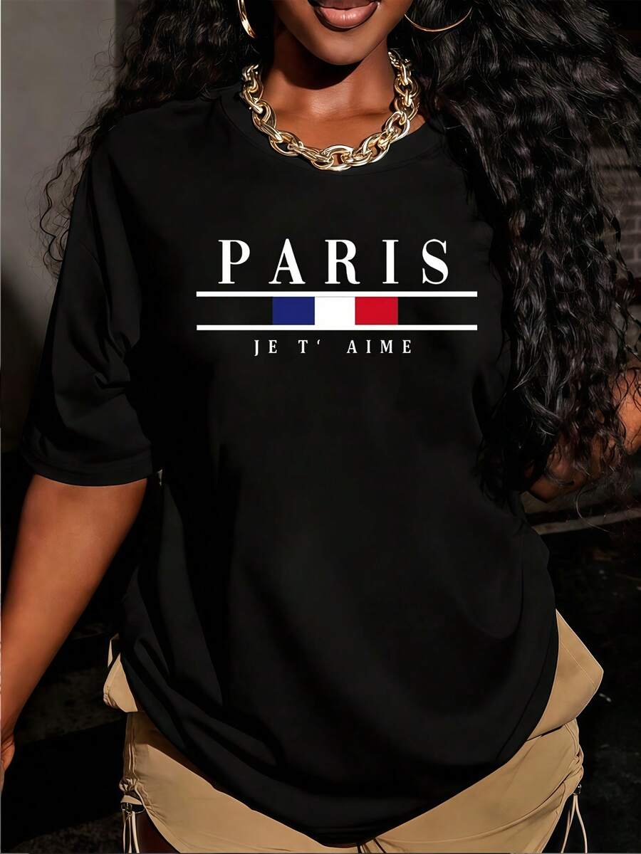 Women's "PARIS JE T'AIME" Short-Sleeved T-Shirt With Flag Print, Round Neck, Machine Washable, Comfortable, Soft, Breathable, Suitable For Spring, Summer, And Autumn. Loose, Casual, Fashionable, Ideal For Everyday Wear And Work, Simple And Versatile, Sizes S-XXL. - 黑色 - 查看 1