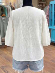 Linhara Blusa casual holgada y versátil con mangas cortas y bordado para mujer - Blanco - Ver 2