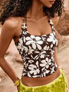 Camisola de Cuello Halter Ajustada con Cuentas de la Marca  para Mujer, Ideal para Vacaciones - Marrón - Ver 12