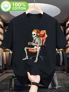 Vintage Men's Skeleton Gamer Chair Red Print T-Shirt, 100% Soft Breathable Cotton, Halloween Christmas Top - Black - View 6