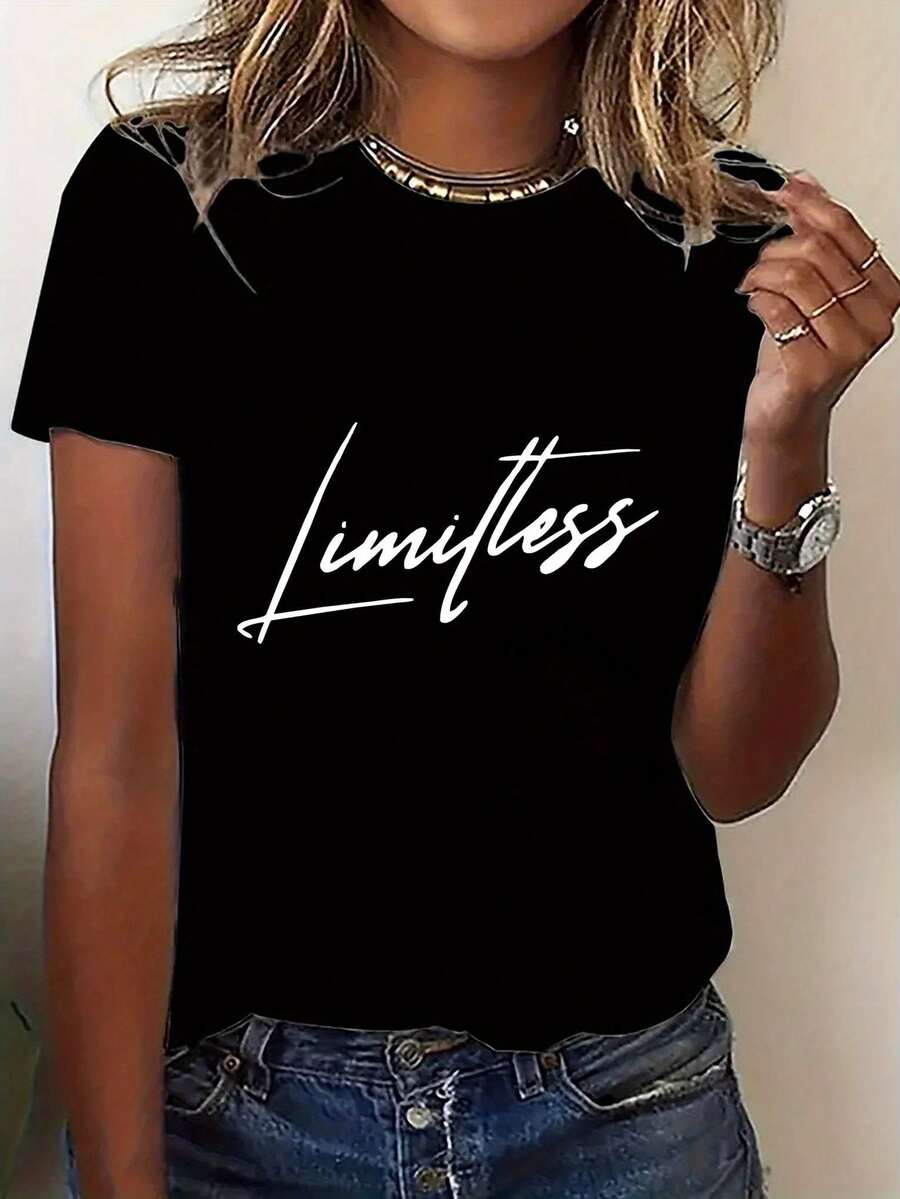 Plus Size - Plus Size - Women's Casual T-Shirt With LIMITLESS Letter Print | Crew Neck, Short Sleeve, Comfortable Summer Top, Black With White Text, Lightweight Fabric, Perfect For Casual Wear, Look, Relaxed Style, Versatile Clothing - 黑色 - 查看 1