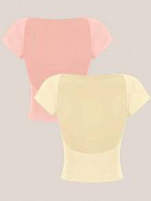 2 piezas Parte superior corta de cuello redondo y espalda descubierta de manga corta, apropiada para el verano, para mujeres sexy - Multicolor 13 - Ver 9