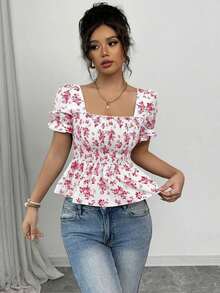 Blusa de mujer con estampado floral diminuto, mangas abullonadas y dobladillo con volantes - Rojo y blanco - Ver 5