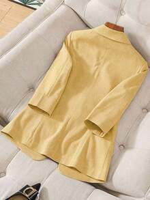 Blazer de lino de 3/4 de manga con cintura ajustable, diseño de botones, adecuado para ir al trabajo, eventos formales, fiestas elegantes, ropa de oficina - Primavera, Verano, Otoño - Amarillo - Ver 2
