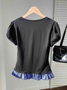Blusa de verano elegante con volantes en el bajo, estampado de flores diminutas y parches - azul real - Ver 2
