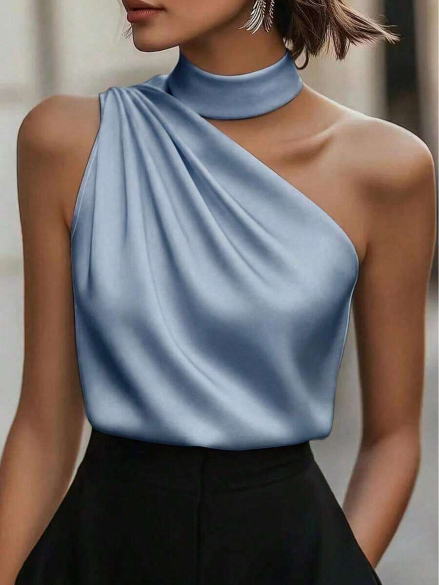 1 pieza Blusa elegante sin mangas de satén de unicolor con volantes asimétricos/asimétricos, adecuada para verano, vacaciones, oficina, hogar, uso diario, fiesta de cumpleaños, eventos formales y casuales - Celeste - Ver 1