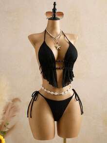 Bellisia Top de bikini de mujer de punto texturizado marrón con cuentas y piedras - Negro - Ver 4