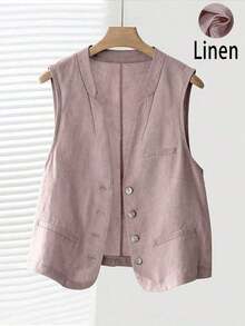 Chaleco corto de lino casual para mujer, color blanco, para primavera y verano - Rosa vieja - Ver 7