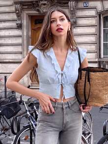 Blusa corta elegante y casual de verano con volantes en azul y blanco para fiesta, playa y vacaciones - azul - Ver 1