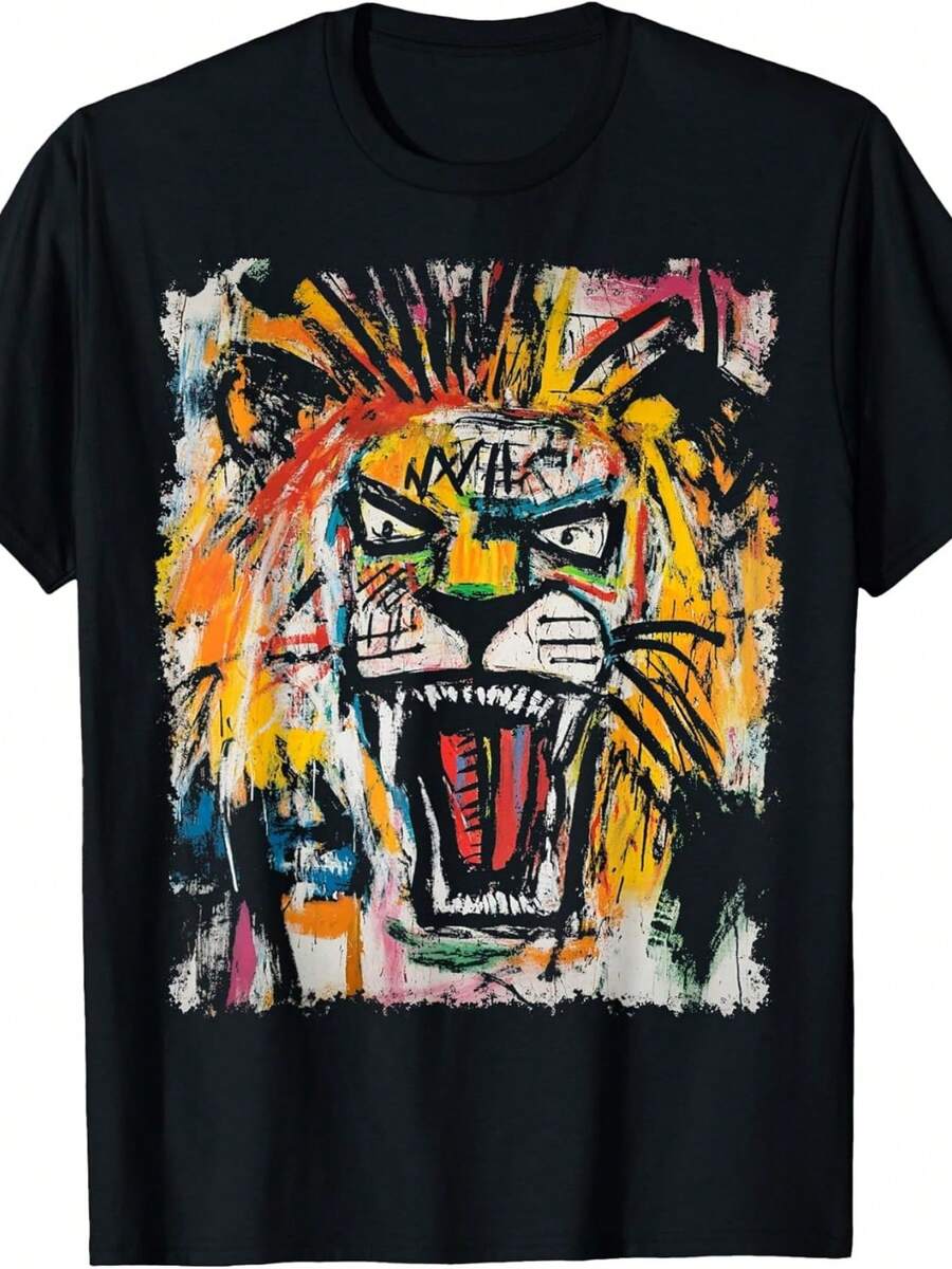 Camiseta con Estampado de León Estilo Pop Art y Graffiti de los 90s.jpg Unisex, Verano 2026, Manga Corta, 220g Algodón Puro, Camiseta Elegante para Fiestas. - Negro - Ver 1