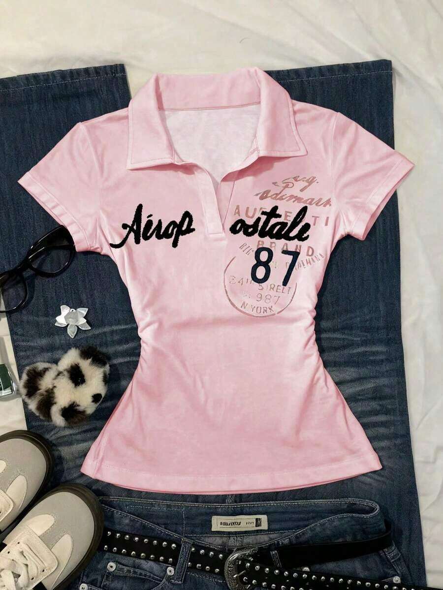 Camiseta casual de mujer con estampado de letras, verano - Rosa - Ver 1