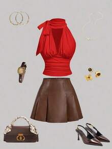 Blusa elegante y chic de unicolor con cuello plisado y recortado, ajustada, para el verano - Rojo - Ver 5