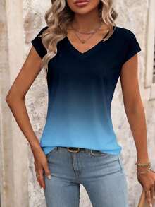 Blusa de rayas de verano casual para vacaciones, de manga corta y cuello en V, minimalista y versátil para uso diario y viajes, estilo coreano suave y apropiada para la oficina - Azul 2 - Ver 3