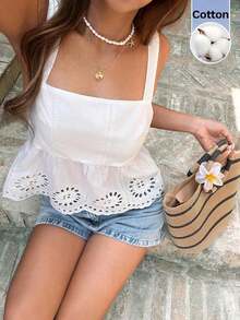 Camiseta sin mangas con volantes y estampado de lunares para vacaciones - Blanco 2 - Ver 1
