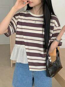 Camiseta casual de mujer para el verano con cuello redondo, manga corta, ajuste holgado y dobladillo con volantes y un solo unicolor - Albaricoque - Ver 5