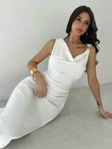 Vestido de mujer de cuello asimétrico blanco con volantes en la cintura, vestido elegante y sexy para ir al trabajo, de vacaciones, de moda y moderno, para primavera/verano, para ir al trabajo, elegante, sexy, de vacaciones, playa, Hawái, temporad - Blanco - Ver 1