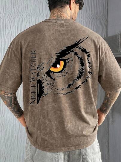  Camiseta de manga corta de verano casual y de moda para hombres FRACTYR, con diseño gráfico de búho desgastado de doble cara, estilo retro americano de calle alta, corte holgado y cuello redondo, suave y agradable para la piel