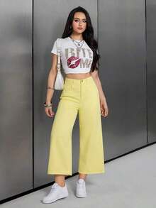 Jeans unicolor con cremallera - Amarillo claro - Ver 3