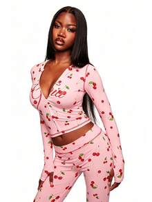 Gia European And American Ins  Brand New Color Cherry Women's Sexy Open-Neck Two-Piece Long-Sleeve Suit Supply - hồng - Xem 7