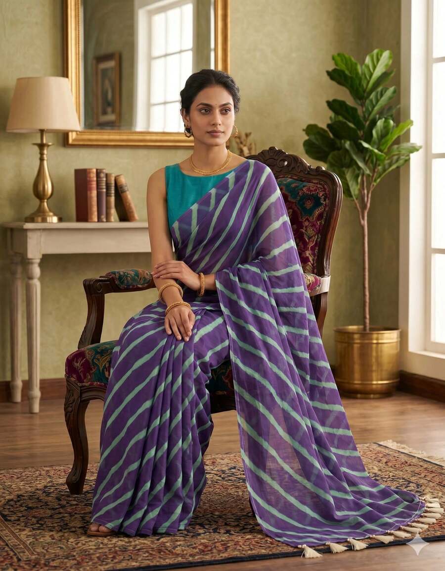 Estationeryhouse Chiffon Printed Saree With Single Stripe, Blosue Not Included - 藍色/綠松石藍 - 查看 1