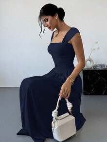 Vestido largo elegante con cuello cuadrado, mangas de campana y lazo en la cintura, con pliegues.Adecuado para citas, primavera/verano, vestidos de verano para mujeres - Azul marino - Ver 4