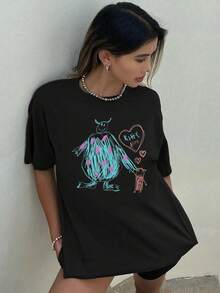1 Piece 180g Camisera de Algodón para Mujer, Oversize Manga Corta Cuello Redondo con Estampado para el Diario y la Calle,designed by Y2K artists in the Bababask style - Negro 8 - Ver 6