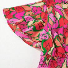 Bohemian Style Rose Print Short Sleeve Low Waist Dress Pink Vacation Summer Elegant - Rosa - Ver 8
