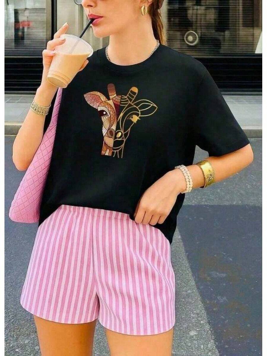 A Short-Sleeved T-Shirt With A Retro American Style, Loose Fit, Print (The Pants Are Just Style Suggestions), Thick Multicolored T-Shirt, 100% Cotton Material, Modern Print, Suitable For Both Men And Women, New Spring/Summer/Autumn Style, Breathable And Comfortable, Simple And Versatile, The Stylish Unisex Tropical Print T-Shirt Is Very Suitable For Holidays, Halloween And Mexican Independence Day Parties. - 黑色 - 查看 1