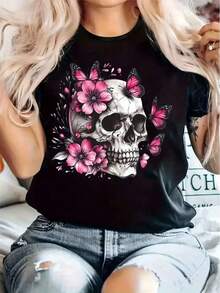Women's Casual Short Sleeve T-Shirt - Geometric Floral Skull Print In Black, Soft And Stretchy Fabric, Round Neck And Regular Fit For Spring/Summer, Machine Washable, Spring/Summer Clothing, Stylish Streetwear, Comfortable For All Seasons. Women's Casual Skull Print, Flowers, Butterflies, Loose-Fitting Round Neck, Short Sleeves, Spring/Summer, Everyday Wear T-Shirt - 黑色 - 查看 7