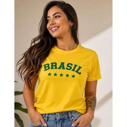 Blusa Feminina Brasil Camiseta T-shirt Copa do Mundo Brasil Casual 100% Algodão Camisa Copa