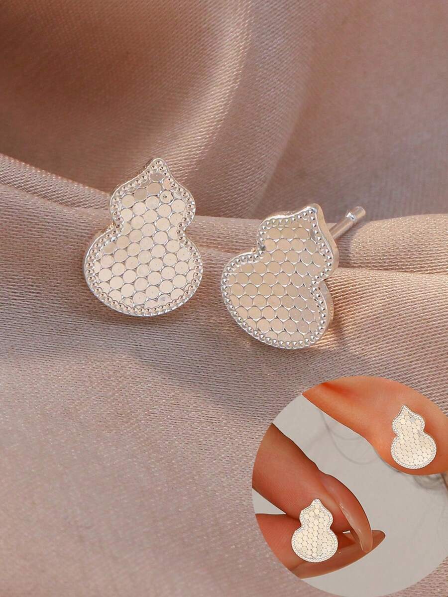 1 par de pendientes de mujer con colgante de calabaza plateada, diseño texturizado de panal hexagonal, regalo de joyería elegante - Multicolor - Ver 1