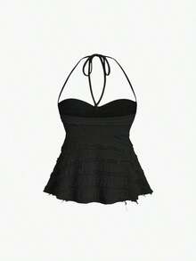 Top de tirantes con cuello halter y pliegues en Y2K - Negro - Ver 2
