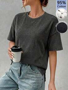 Camiseta holgada de estilo minimalista casual para mujer, con parte delantera corta y parte trasera larga, versátil para usar en la calle, adecuada para primavera y verano - Multicolor 2 - Ver 4