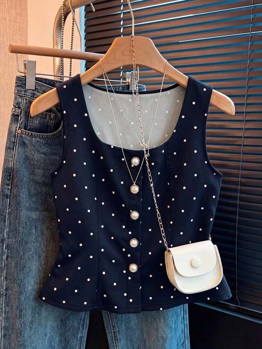 Elegante Blusa de Verano de Lunares Vintage con Decoración de Perlas para Mujer, Blusas Elegantes para Mujer, Atuendos de Trabajo para Mujer, Blusas de Verano para Mujer, Últimas Blusas Lindas para Mujer, Nuevos Llegados, Blusas Casuales El - Azul marino - Ver 1