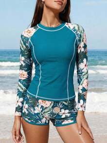 Swim Lushore Camiseta de baño de manga larga con estampado tropical y cuello de barco para playa de verano - Verde - Ver 3
