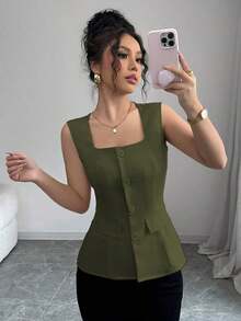 Blusa elegante de mujer con cuello cuadrado sin mangas, decoración con bolsillo falso, camisa ajustada de oficina, primavera/verano - Verde militar - Ver 8