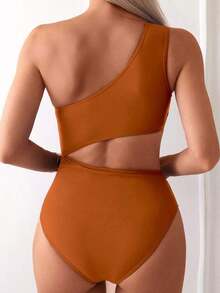 Swim 1 pieza Traje de baño de una pieza para mujer con diseño calado y fruncido en color liso - Bronce - Ver 5
