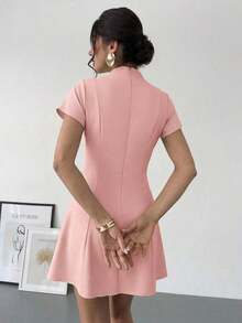 Vestido mini de línea A con cintura fruncida de unicolor, estilo de oficina para el verano - Rosa vieja - Ver 2